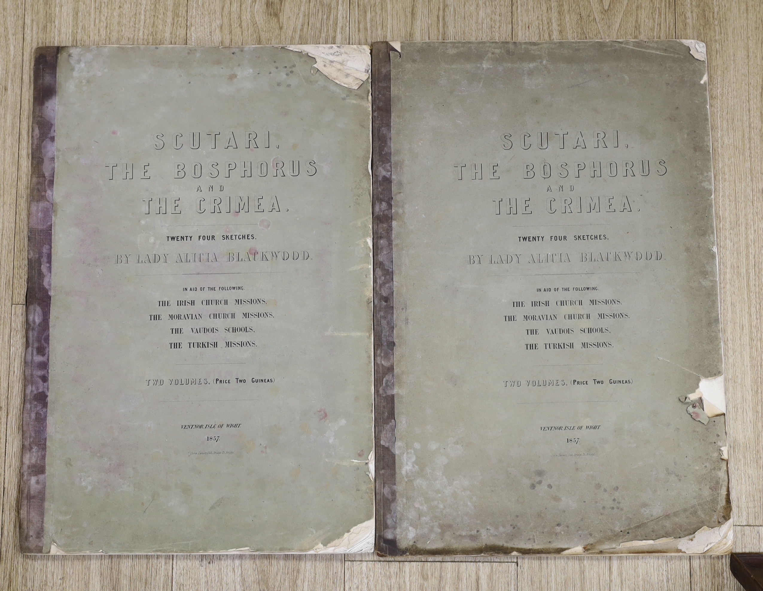 Blackwood, Lady Alicia - Scutari, the Bosphorus and the Crimea. Twenty Four Sketches....2 vols. pictorial lithographed titles and 19 lithographed plates (5 folded as double plates - panorama style); original linen backed